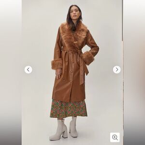 NASTY GAL Faux Leather Fur Trimmed Tan Db Coat